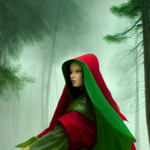 Image similar to epic portrait an beautiful woman wearing green cape with a hood on, armor, goddess, wet flowing red hair, forest blurry backround, broad light, ambient occlusion, volumetric light effect, made by ivan aivazovsky, peter mohrbacher, greg rutkowski, matte painting, trending on artstation, 4 k, perfectly defined features, digital painting,