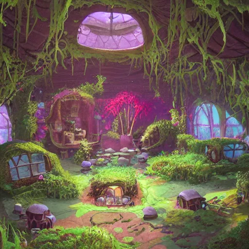 Image similar to concept art painting of a interior of a fungal cozy alien fantasy cottage, with black vines and magenta plants, realistic, detailed, cel shaded, dark, in the style of makoto shinkai and greg rutkowski and james gurney