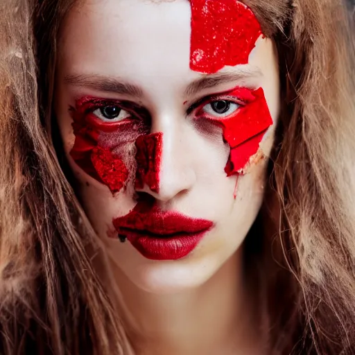 Prompt: female model face, completely red skin, face made of fragments of ash, fashion shooting, 85mm lens, dust particles