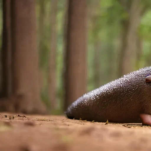 Image similar to detailed photograph of a platypus wearin ga fedora in a forest, national geographic, realistic, cinematic lighting, 8 k, cute, adorable, fedora