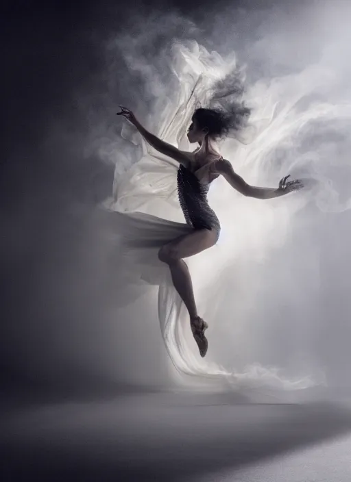 Image similar to a Photorealistic dramatic hyperrealistic render of a glamorous beautiful Female smoke dancer by Ken Brower and Deborah Ory of NYC Dance project,Lois Greenfield,Flowing cloth and smoke,Beautiful dynamic dramatic dark moody lighting,volumetric,shadows,cinematic atmosphere,Octane render,8K