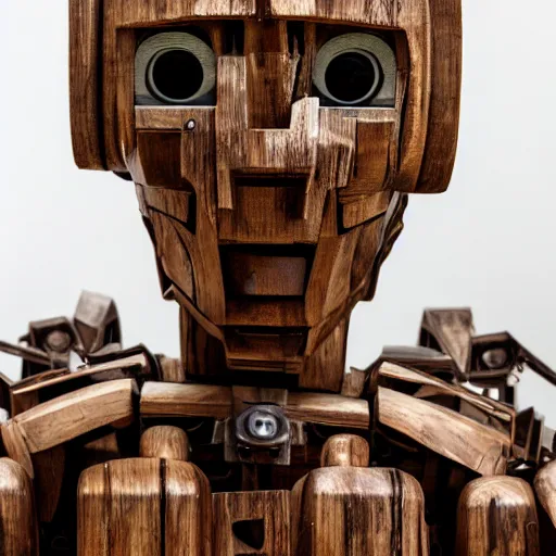 Prompt: an ultra realistic photo, of a wooden art toys sculpture on a piédestal , of an ancient robotic god cyberpunk hyperdetailed in a contemporary art gallery, octa 8k bokeh , n- 4