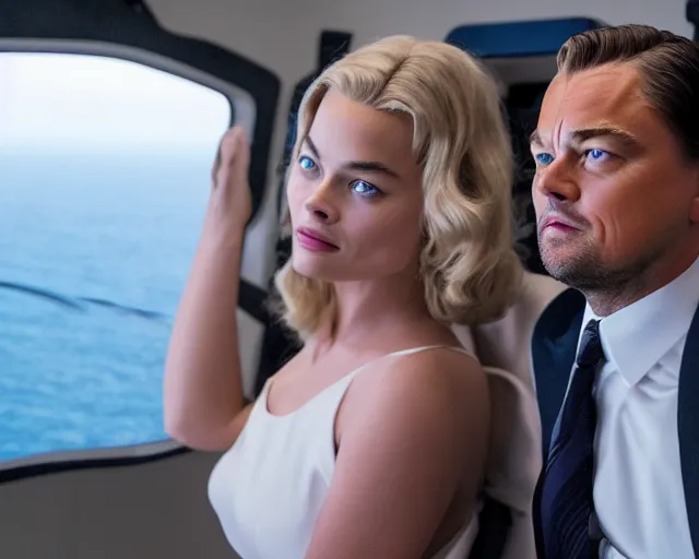 Prompt: leonardo dicaprio as the wolf of wall street next to margot robbie as naomi from the wolf of wall street in a helicopter, hyper realistic faces, beautiful eyes, cinematic, long shot, hyper detailed, 8 5 mm photograph, 8 k resolution, film still, sharp lens, wide lens