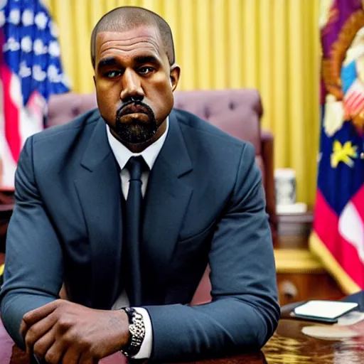 Image similar to professional photograph of Kanye West wearing a suit and sitting in the oval office desk, 8k, very intricate, very detailed,