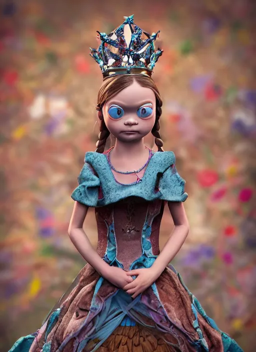 Image similar to closeup face profile portrait of tin toy greta thunberg as a fairytale goth princess wearing a crown eating cakes, bikini, depth of field, zeiss lens, detailed, symmetrical, centered, fashion photoshoot, by nicoletta ceccoli, mark ryden, lostfish, breathtaking, 8 k resolution, extremely detailed, beautiful, establishing shot, artistic, hyperrealistic, octane render