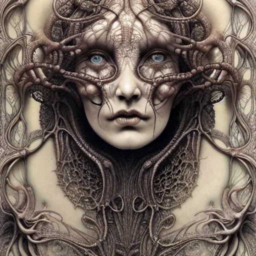 Image similar to detailed realistic beautiful porcelain calaveras face portrait by jean delville, gustave dore, iris van herpen and marco mazzoni, art forms of nature by ernst haeckel, art nouveau, symbolist, visionary, gothic, neo - gothic, pre - raphaelite, fractal lace, intricate alien botanical biodiversity, surreality, hyperdetailed ultrasharp octane render