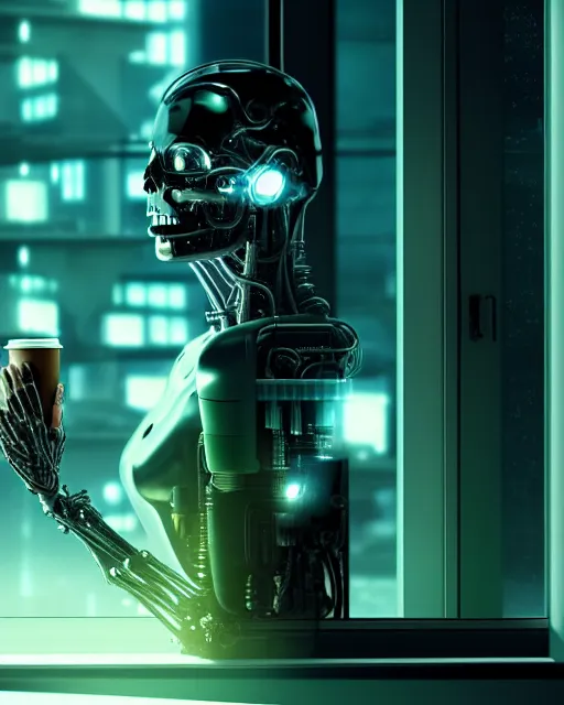 Image similar to a terminator cyborg lady with borg implants and a human face is drinking coffee near a window with dystopian city visible outside. tiny green led lights in her cybernetics. very detailed 8 k. horror cyberpunk style.