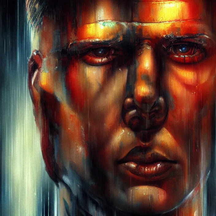 Image similar to excellent painted portrait of a replicant construction worker from blade runner (1982), cyberpunk blade runner art, character artwork, 8k resolution artwork, trending on artstation, detailed digital oil painting portrait