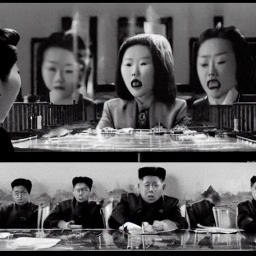 Image similar to a film still of a north korean monster movie, film noir, video compression, ripple effect