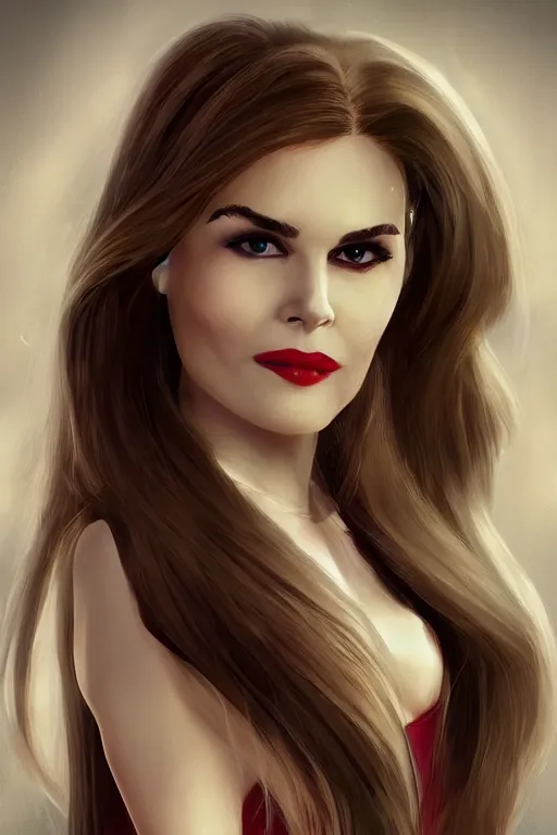 Prompt: mix of beautiful young maria shriver, mariel hemmingway, brooke shields, nicole kidman and elle macpherson as a vampire with fangs, thin lips, hair tied up in a pony tail, dark blonde hair, colorful, artstation, cgsociety