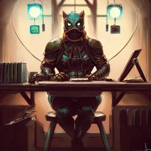 Prompt: a insanely detailed painting of a nft superhero wearing a costume, sitting at a computer desk, nervously and clicking on the mouse, in the style of peter mohrbacher, dramatic lighting and composition, trending on artstation, concept art, comic book