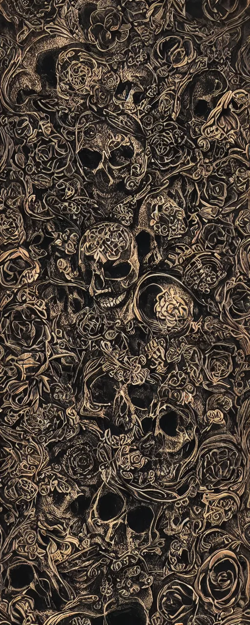 Prompt: photographic The Catacombs of Paris, black paper, bringer of glowing light and life and death, skull, mystical, intricate ornamental oriental tower floral flourishes, copper, steel, emerald, diamond, amethyst, glass, octane, 8k insane detail