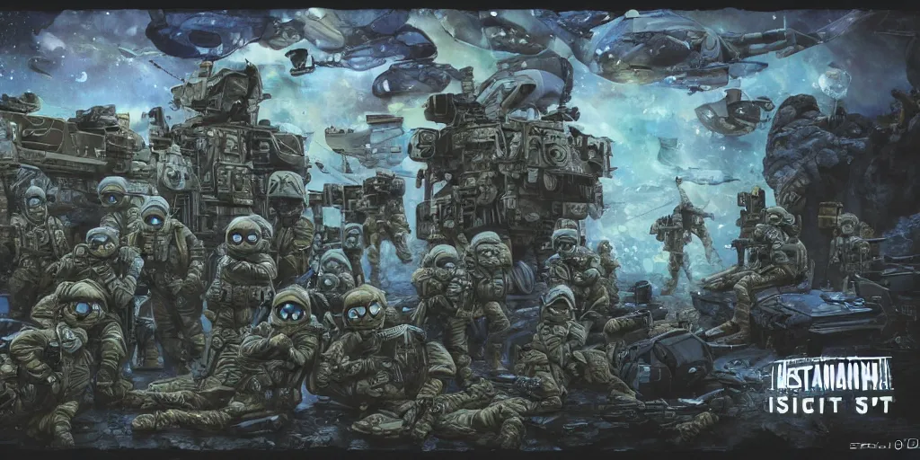 Image similar to military sci fi muppet special forces soldiers,inks,octane render photorealistic, blue,gold,white,black octane render, insanely detailed, realistic, + psychedelic, cosmic energy by Kelly McKernan, yoshitaka Amano, hiroshi yoshida, moebius, loish, artgerm, happy,joyful, painterly, symmetrical and detailed hyperdetailed 8k, moebius,steven wiltshire, , hyper detailed,high contrast,vivid psychedelic colors,, Neon Genesis Evangelion, mathematics and geometry, loony toons, saturated, sun rays + Laurie Greasley + Katsuhiro Otomo, Craig Mullins, 8k, octane render, trending on artstation, hyper detailed,