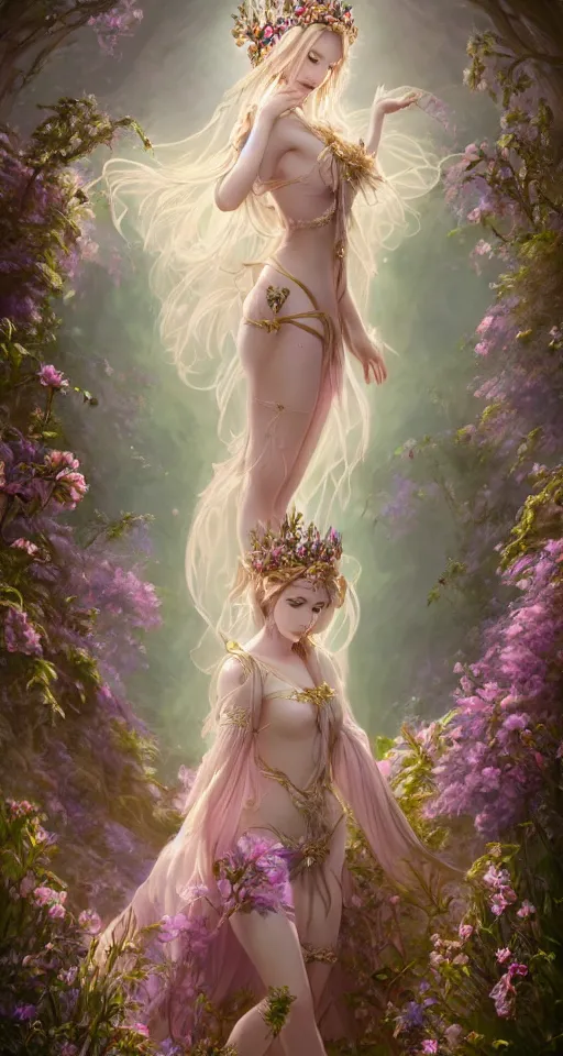 Image similar to A beautiful fantasy empress, full body, just one head, flower tiara, long hair, wearing dramatic aristocrat robe, delicate figure, field of fantasy flowers, foxes and deer, epic composition, ultra wide-shot, dynamic pose, concept art, beautifully lit, digital painting, smooth, character design, sharp focus, elegant, intricate, trending on artstation, by WLOP and James Jean and Victo Ngai