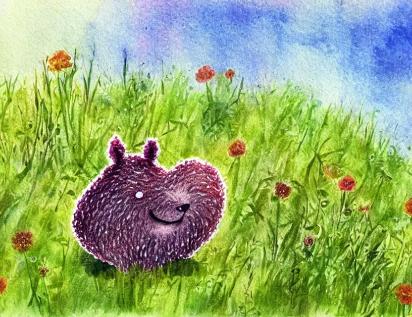 Prompt: feral chia pet in the meadow. russian fairytale art, watercolor, backlighting