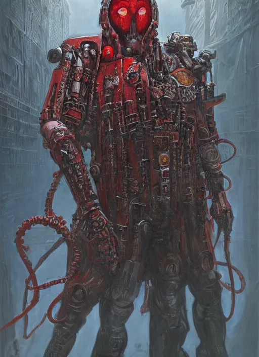 Image similar to portrait of rotten Nicolas Cage as adeptus mechanicus in red hood and robe from Warhammer 40000, mechanical tentacles. Highly detailed, artstation, illustration by and John Blanche and zdislav beksinski and wayne barlowe