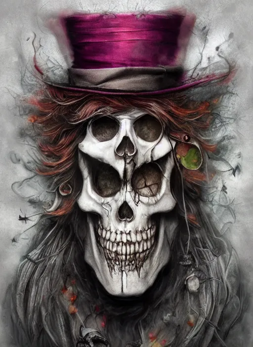 Image similar to mad hatter, call of cthulhu, half skull half face, highly detailed, cinematic, 8 k, by megan duncanson, benjamin lacombe, adrian borda, stanley artgermm, tom bagshaw, craig mullins, carne griffiths, ayami kojima, beksinski, giger, trending on deviantart, hyper detailed, horror, full of colour