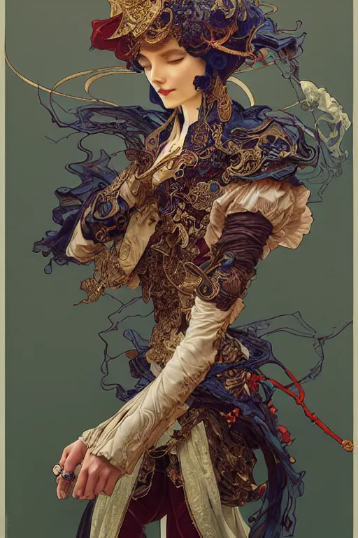 Image similar to magician style clothing design, fantasy, highly detailed, intricate, smooth, art by joseph leyendecker, peter mohrbacher, ruan jia, marc simonetti, ayami kojima, cedric peyravernay, alphonse mucha, victo ngai