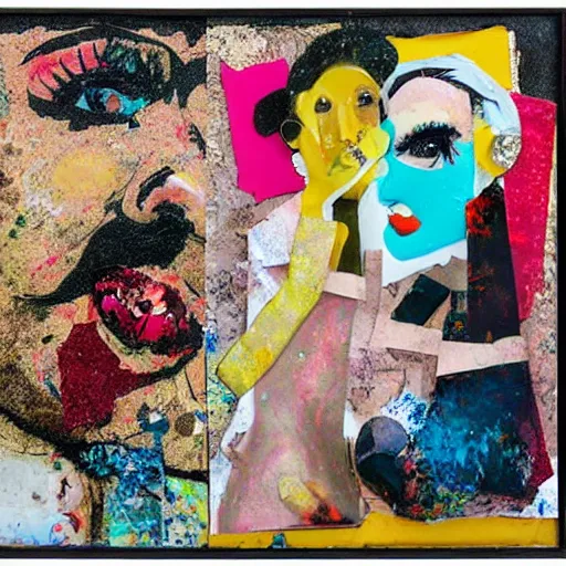 Prompt: two women kissing at a carnival, mixed media collage, retro, paper collage, magazine collage, acrylic paint splatters, bauhaus, abstract claymation, layered paper art, sapphic visual poetry expressing the utmost of desires by jackson pollock