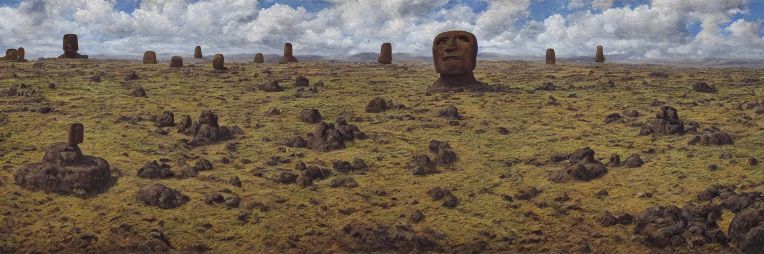 Image similar to an oil painting of hyper realistic landscape of the earth in 1 b years, with some moai statue half burried