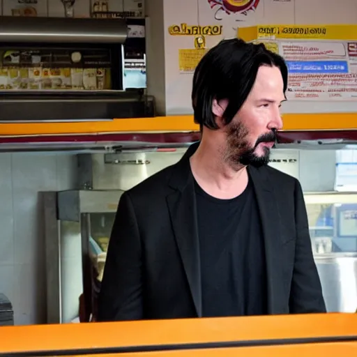 Prompt: keanu reeves working in a uk chicken shop