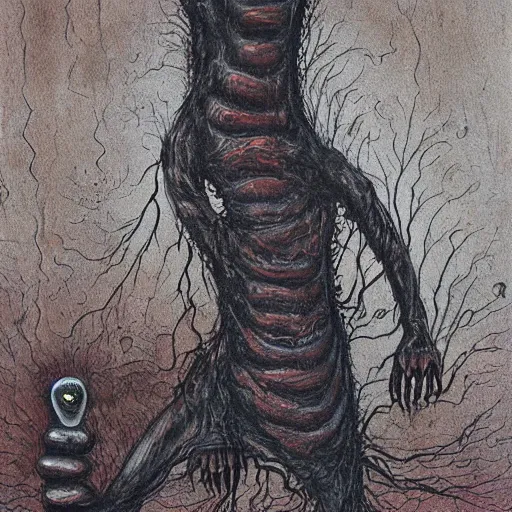 Image similar to worm that walks, writhing one, somber dark horror painting, unsettling, by gormeth ravendaz