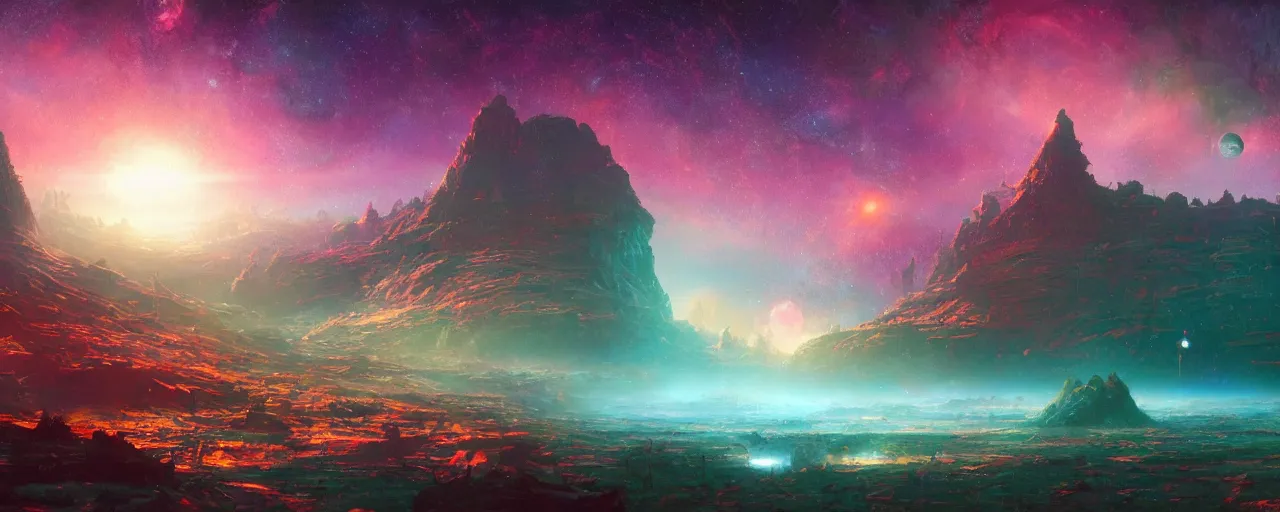 Image similar to ” outer planet landscape, [ cinematic, detailed, epic, widescreen, opening, establishing, mattepainting, photorealistic, realistic textures, octane render, art by paul lehr ] ”