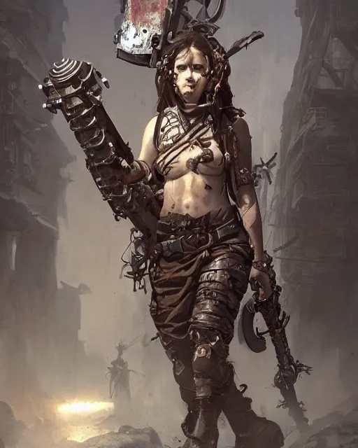 Image similar to hyper realistic portrait of postapocalyptic death cult monk cyborg girl with sword and shield, beads, gears, machineparts, cinematic, artstation, cgsociety, greg rutkowski, james gurney, mignola, craig mullins, brom vray, redshift, octane