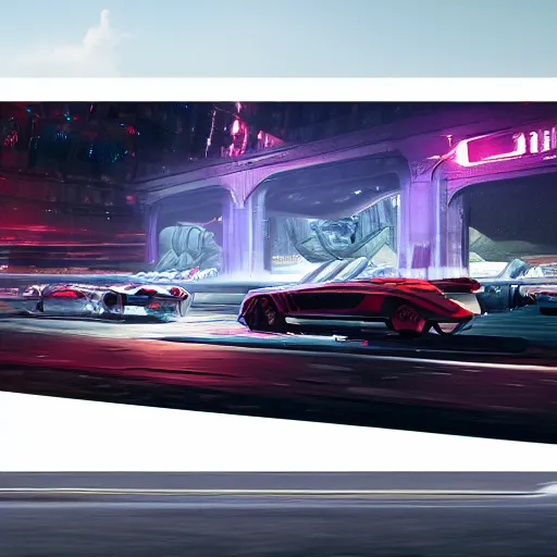 Image similar to sci-fi cars : wall near structure on : the coronation of napoleon painting : and digital billboard in the middle, unreal engine 5, keyshot, octane, artstation trending, ultra high detail, ultra realistic, cinematic, 8k, 16k, in style of zaha hadid, in plastic, dark, tilt shift,