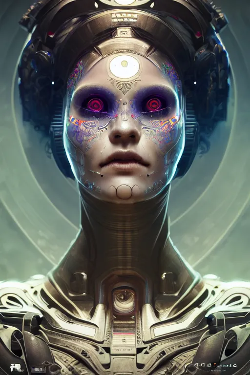 Prompt: portrait of ultra detailed female android deity, scifi, fantasy, octane render, ( ( dia de los muertos ) ), global illumination, intricate concept art, beautiful human eyes, looking up, 8 k, art by artgerm and kuciara and greg rutkowski and alphonse mucha and loish and wlop