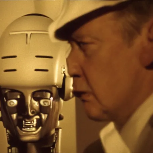 Prompt: movie scene of a man with a robot head, movie still, acting, cinematic composition, cinematic lighting, Movie by David Lynch and Andrzej Żuławski