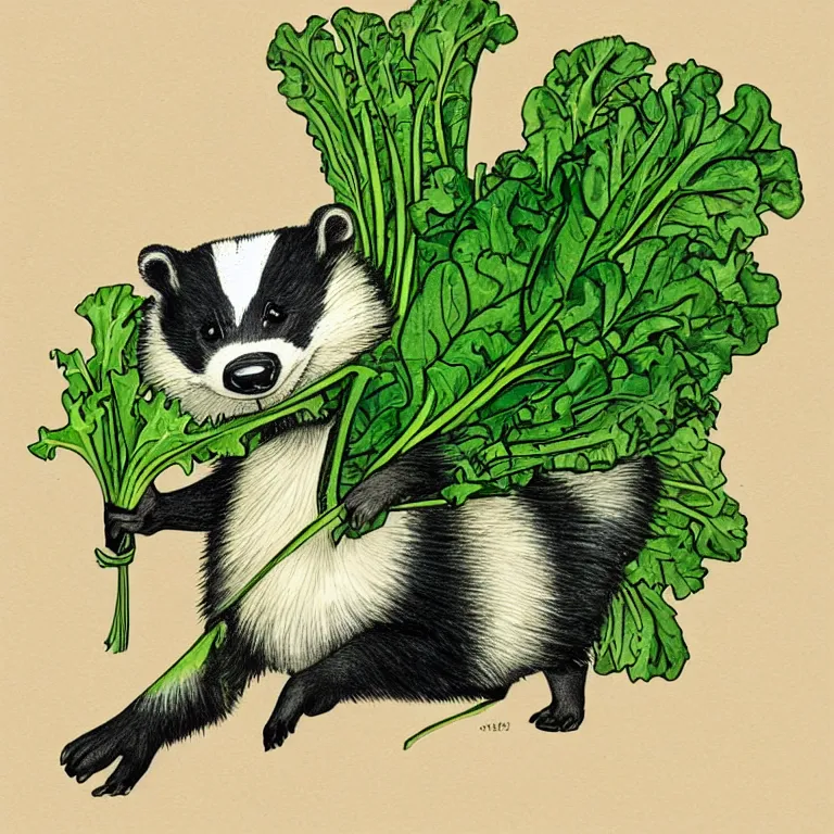 Prompt: realistic detailed hand drawing of a single cute cartoon badger proudly holding up leafy green vegetables by Coles Phillips, trending on Artstation, rich deep vibrant colors