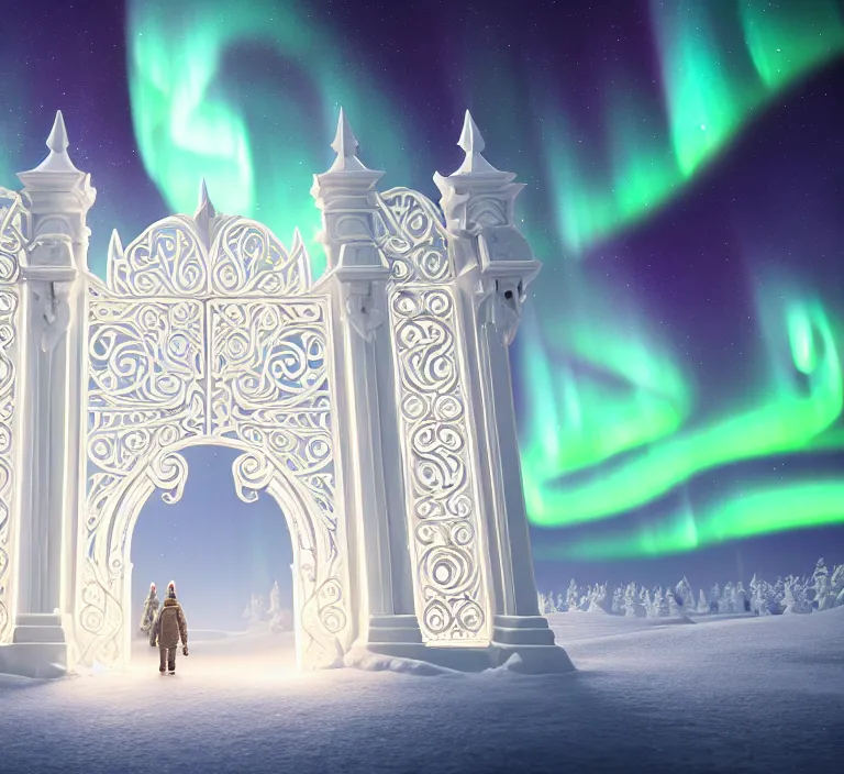 Image similar to a very detailed concept art of intricate and well designed white gates to aurora borealis infused with magic by wes anderson, dynamic lighting trending on artstation, symmetry, digital art, 4 k, hyper realistic, octane render, sharp focus