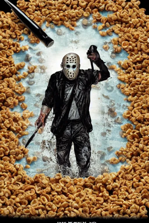 Prompt: jason voorhees swimming in a pool of cereal, realistic, moody grindhouse, dark