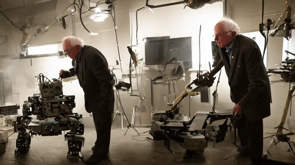 Image similar to bernie sanders putting the finishing touches on a small weaponized robot, cinematic moody lighting, smoky laboratory, sharp focus, imax