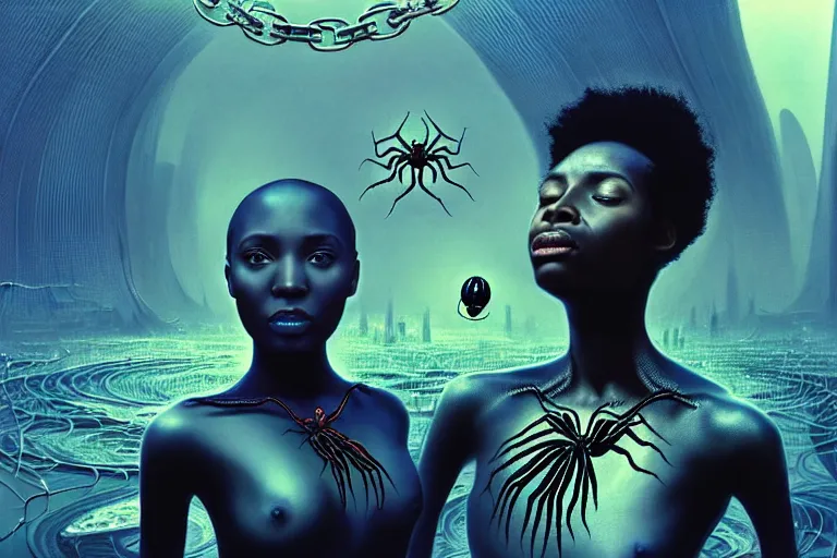 Image similar to realistic detailed photorealistic film portrait shot of a beautiful black woman with a giant spider, sci-fi city landscape background by Denis Villeneuve, Amano, Yves Tanguy, Alphonse Mucha, Ernst Haeckel, Max Ernst, Andrei Tarkovsky, Edward Robert Hughes, Roger Dean, necklace, dynamic pose, rich moody colours, wide angle, blue eyes