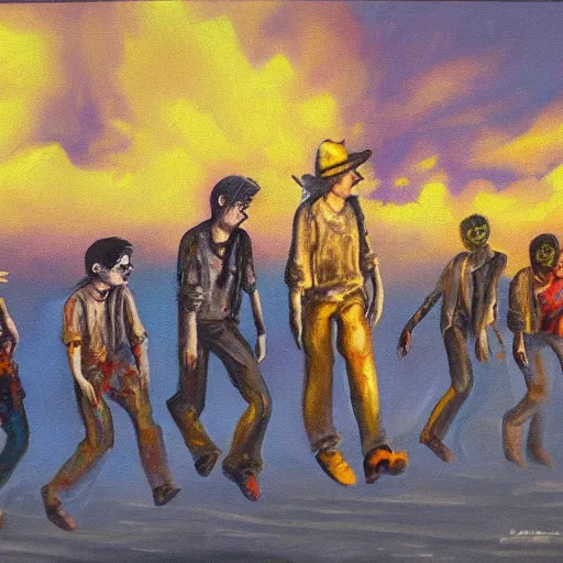 Prompt: painting of zombies walking in a yellow sky