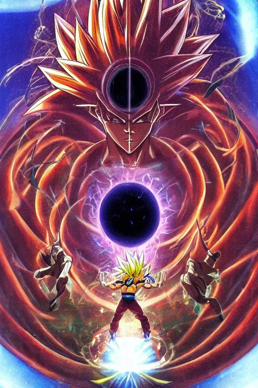 Image similar to Male Anime Character Son Goku Super Saiyan 4 cyborg in the center giygas epcotinside a space station eye of providence Beksinski Finnian vivid HR Giger to eye hellscape mind character Environmental