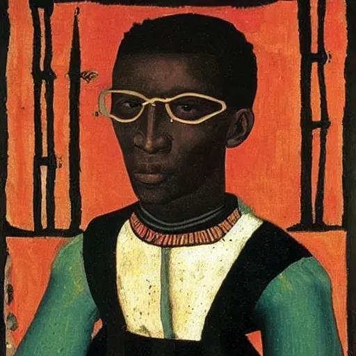 Prompt: A 15th century medieval renaissance oil painting of Skrillex african made by Jacob Lawrence