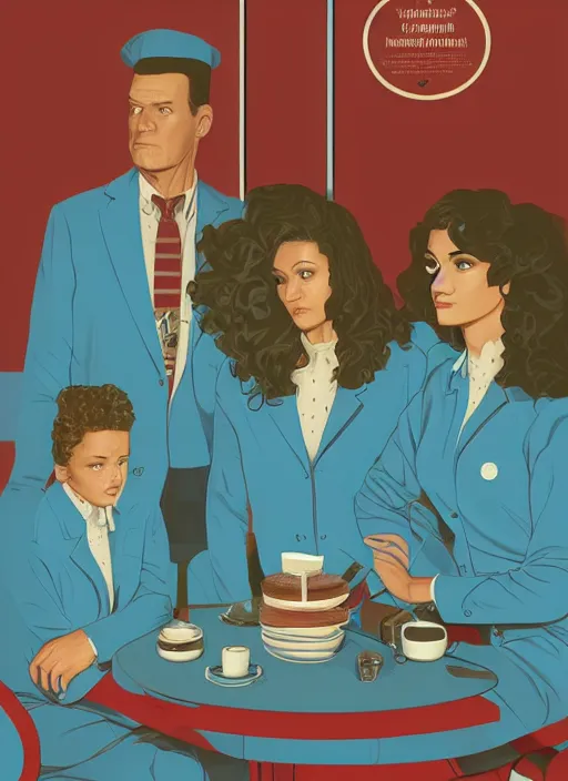 Image similar to poster artwork by Michael Whelan, Bob Larkin and Tomer Hanuka, of portrait of Zendaya wearing light blue diner waitress dress, from scene from Twin Peaks, simple illustration, domestic, nostalgic, from scene from Twin Peaks, clean