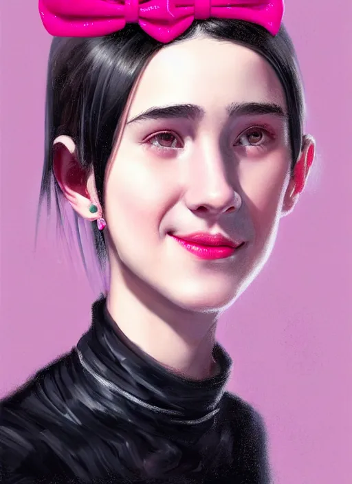 Prompt: portrait of teenage girl, realistic, black hair, bangs, half updo hairstyle, pointy nose, skinny, smile, ugly, defined jawline, big chin, pink hair bow, earrings, intricate, elegant, glowing lights, highly detailed, digital painting, artstation, sharp focus, illustration, art by wlop, mars ravelo and greg rutkowski