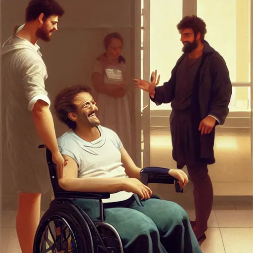 Image similar to a male patient in a wheelchair in the hospital with his wife and son standing by. happy, cheerful, smiling, intricate, face enhance, sharp focus, cinematic lighting, featured in artistation, 8 k, art by greg rutkowski, william adolphe bouguereau