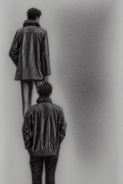 Image similar to a drawn man standing in the rain in a jacket. pencil sketch.