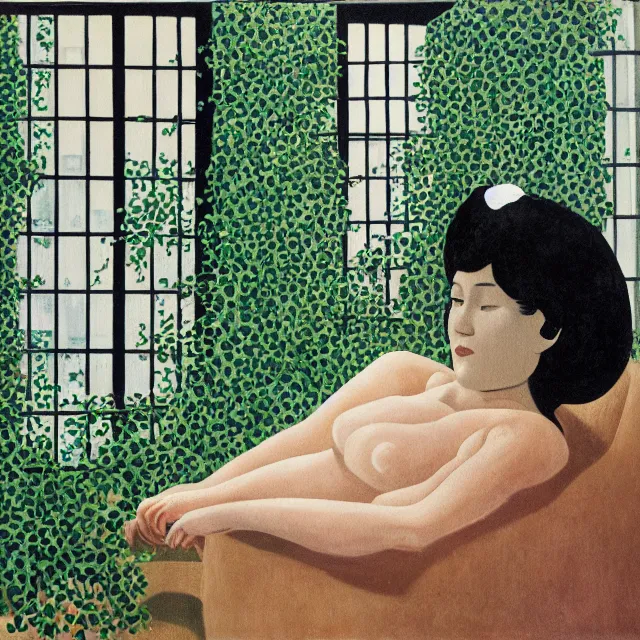 Image similar to a pathology student in her apartment, wrapped in vines, large stones, pig, black walls, ikebana, black armchair, puddles, moss, acrylic on canvas, surrealist, by magritte and monet