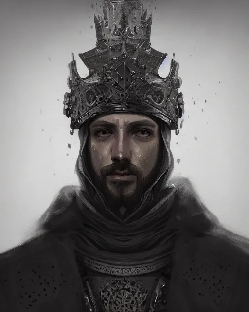 Image similar to a portrait of a medieval king, cyberpunk, grim - lighting, high - contrast, intricate, elegant, highly detailed, digital painting, artstation, concept art, smooth, sharp focus, illustration