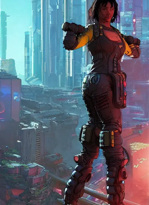 Prompt: apex legends cyberpunk weight lifter. concept art by james gurney and mœbius. cinematic, dramatic lighting ( cyberpunk 2 0 7 7 ), clean aesthetic