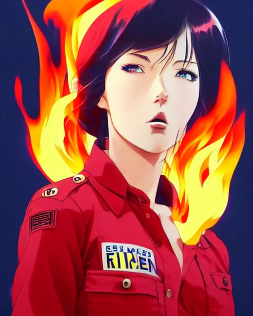 Image similar to female fireman, roaring flames!! | | very very anime!!!, beautiful fine - face, audrey plaza, realistic shaded perfect face, fine details. anime. realistic shaded lighting poster by ilya kuvshinov katsuhiro otomo ghost in the shell, magali villeneuve, artgerm, jeremy lipkin and michael garmash and rob rey