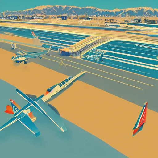 Prompt: a beautiful illustration of palm springs airport by James gilleard, artstation HD, airplanes, geometric lines, HD, 4k, 8k