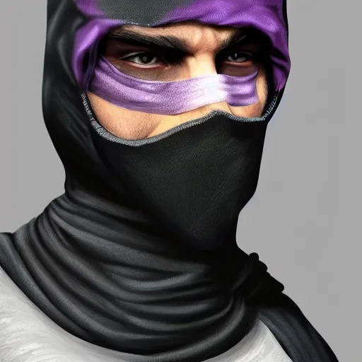 Image similar to ultra realistic illustration, man in a black hood, in a striped purple balaclava, mysterious, highly detailed, digital painting, artstation, concept art, smooth, sharp focus, illustration