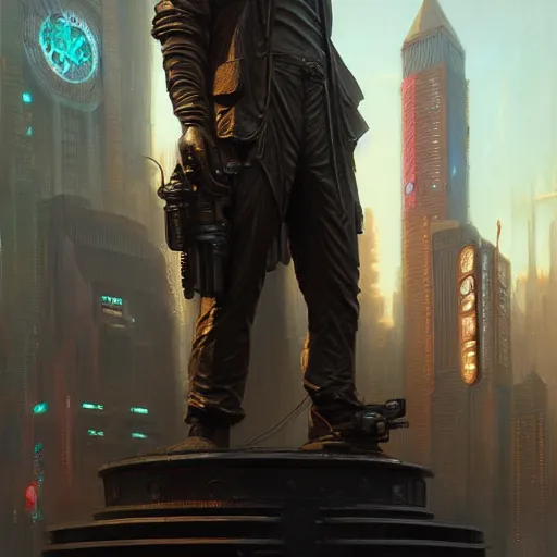 Image similar to a bronze statue stands as the centerpiece of cyberpunk new york city, fantasy, intricate, elegant, digital painting, trending on artstation, concept art, sharp focus, illustration by greg rutkowski, Gaston Bussiere and artgerm, 4k.